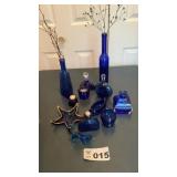 BLUE GLASS VASES, BOTTLES