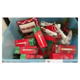 CHRISTMAS LIGHTS,  CANDLES, GREENERY IN TOTE