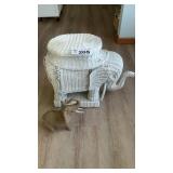 WICKER ELEPHANT STAND, GRAVELY ELEPHANT FIGURE