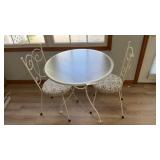 GLASS TOP, WROUGHT IRON TABLE 2 CHAIRS