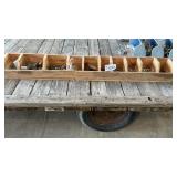 WOOD PARTS BIN, 5 FEET LONG, 10 BINS WITH CONTENTS