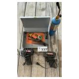 TWO SOLDERING IRONS, PROPANE TORCH, BRUSHES,