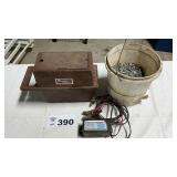 BUCKET OF NAILS, AIR COMPRESSOR, BATTERY CHARGER