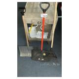 TWO SNOW SHOVELS AND LEAF RAKE