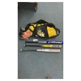 BATS, BAG, SOFT BALLS AND GLOVE