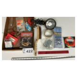 BOX OF MISC. LIGHT, FILTERS, ANCHORS, WIRE BRUSH