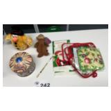 TIN OF PLAYING CARDS, POT HOLDERS, STUFFED ANIMALS