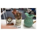PITCHER, CLOCK, BATTERY OPERATED, WOODEN UTENSILS