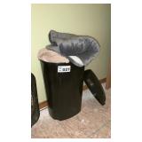 TALL TRASH CAN W LID FULL OF LAP BLANKETS