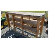 WOOD TABLE/SHELF, 29 x 80, 47 TALL, ON WHEELS