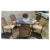 PATIO TABLE, 6 CHAIRS WITH CUSHIONS