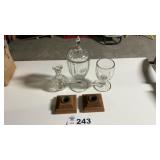 WOOD CANDLE HOLDERS, ETCHED COMPOTE, TUMBLER