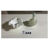 FENTON RUFFLED BOWL, FENTON HOBNAIL COLOGNE BOTTLE