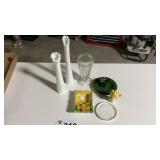WALL POCKET, MILK GLASS SWUNG VASES, CANDLE