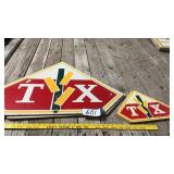 3 LARGE, 2 SMALL FIBERBOARD SIGNS