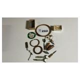 STAMPS, BRASS RINGS, CLIPPERS, SPOON, CARDBOARD