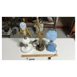 DRESSER LAMPS, PORCELAIN, BRASS, GLASS
