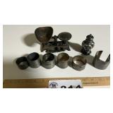 CAST IRON MINIATURE SCALE, PEWTER PIECES