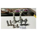 CANDLESTICKS AND S & P SHAKERS, PEWTER/ALUMINUM