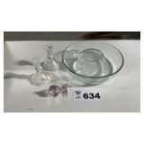 PYREX RING MOLD, CRYSTAL CANDLE STICKS, ONIEDA