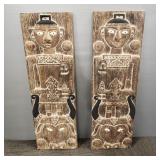 Pr ethnic relief carved wood shutter/ doors w/