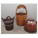 3 Asian wood buckets, etc: largest 22"H 12"W