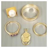 Gp 14K gold jewelry- 7.4g total incl 3 rings, lion
