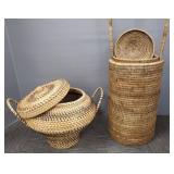 2 Lg artisan woven lidded baskets- larger 34"H