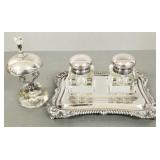 2 silverplate desk pcs incl double inkwell &