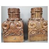 2 antique carved wood architectural elements 14"H