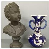 2 pottery pcs: antique Satsuma vase 12 1/2"T &