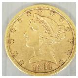 U.S. 1901 $5 Liberty gold coin: 8.5g
