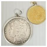 2 coin pendants: 1901-O Morgan dollar &
