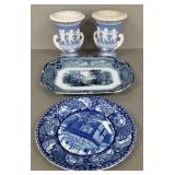 4 pcs antique transferware, etc: 13" flo blue