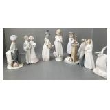 7 Lladro figures, etc: wedding couples, trade sign