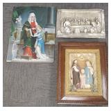 3 religious items: framed shadow box, metal last