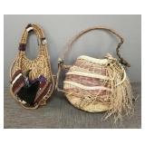 2 Lg artisan woven baskets w/ antler & horn, etc