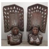 2 large tribal carved busts 34"T