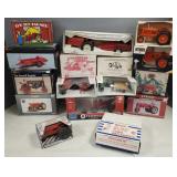 16 die cast toy tractors/ implements in boxes