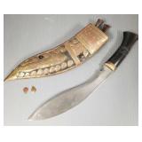 Vintage Kukri knife w/ brass trimmed sheath: Vintage Kukri knife w/ brass trimmed sheath: