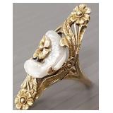 10k gold art nouveau ring s/w natural pearl: 4.7g, 10k gold art nouveau ring s/w natural pearl: 4.7g,