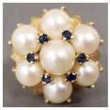14k gold ring s/w pearls & sapphires: 9.4g, 14k gold ring s/w pearls & sapphires: 9.4g,
