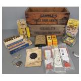 2 wooden ammunition boxes w/ shells, bxs, etc ( 2 wooden ammunition boxes w/ shells, bxs, etc (