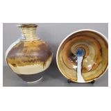 2 pcs signed studio pottery- 14"H vase larger 2 pcs signed studio pottery- 14"H vase larger