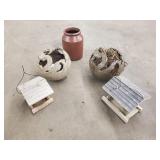 Group: 2 pottery planters, 2 bird feeders, Group: 2 pottery planters, 2 bird feeders,