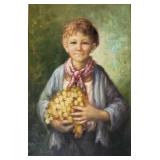 Signed oil on canvas: boy w/ grapes- ornately Signed oil on canvas: boy w/ grapes- ornately