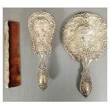 3 pcs ornate sterling silver: mirror, brush & comb 3 pcs ornate sterling silver: mirror, brush & comb