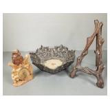 3 Black Forest carved items: owl watch holder, 3 Black Forest carved items: owl watch holder,