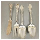 4 ornate sterling silver serving pcs: 8 1/4" fork, 4 ornate sterling silver serving pcs: 8 1/4" fork,