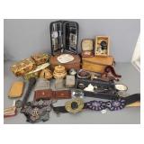 Group: vintage carved pipes, Lg figural brass